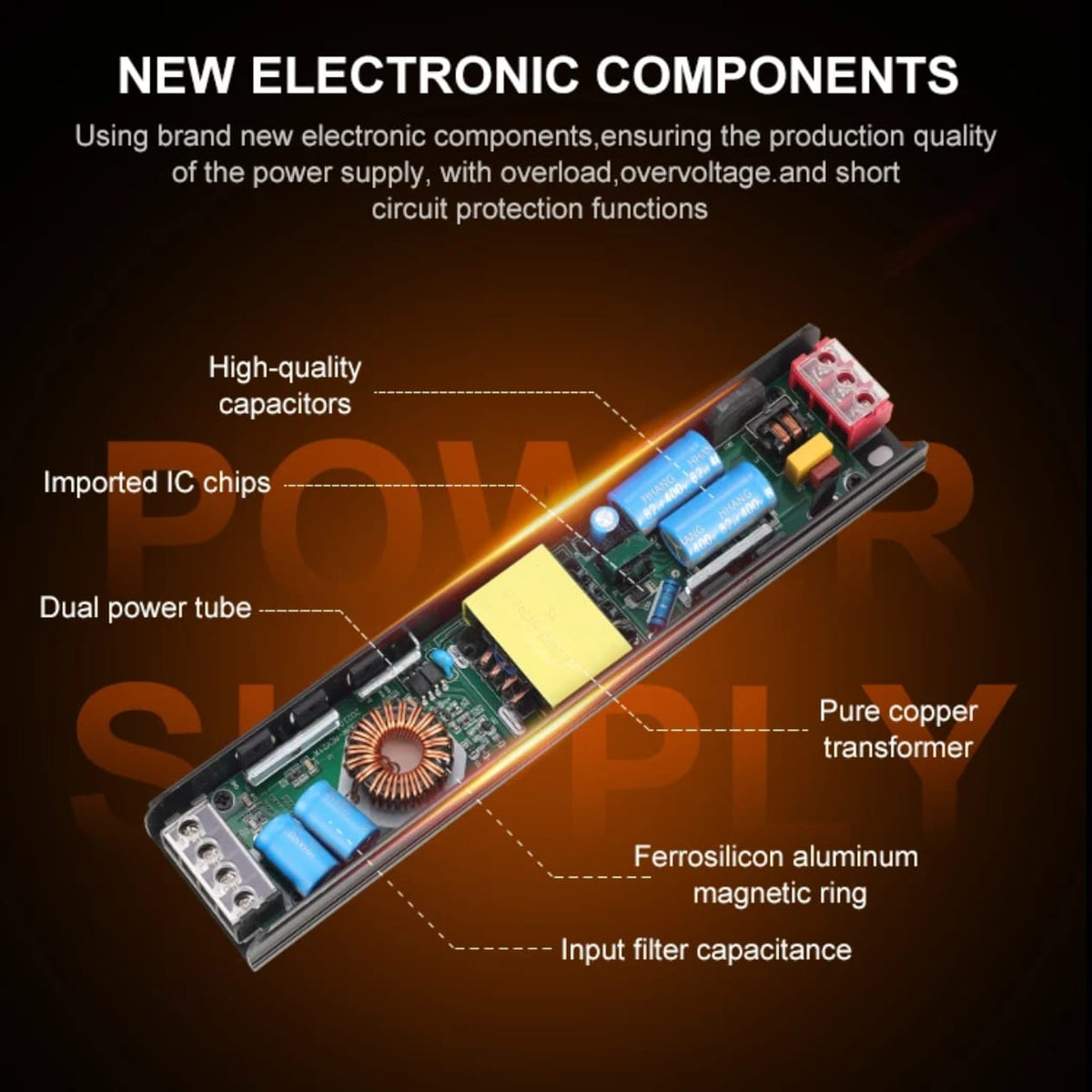 An electronic power supply component shown on a dark brown background with text callouts highlighting features such as high-quality capacitors, imported IC chips, dual power tube, pure copper transformer, ferrosilicon aluminum magnetic ring, and input filter capacitance.