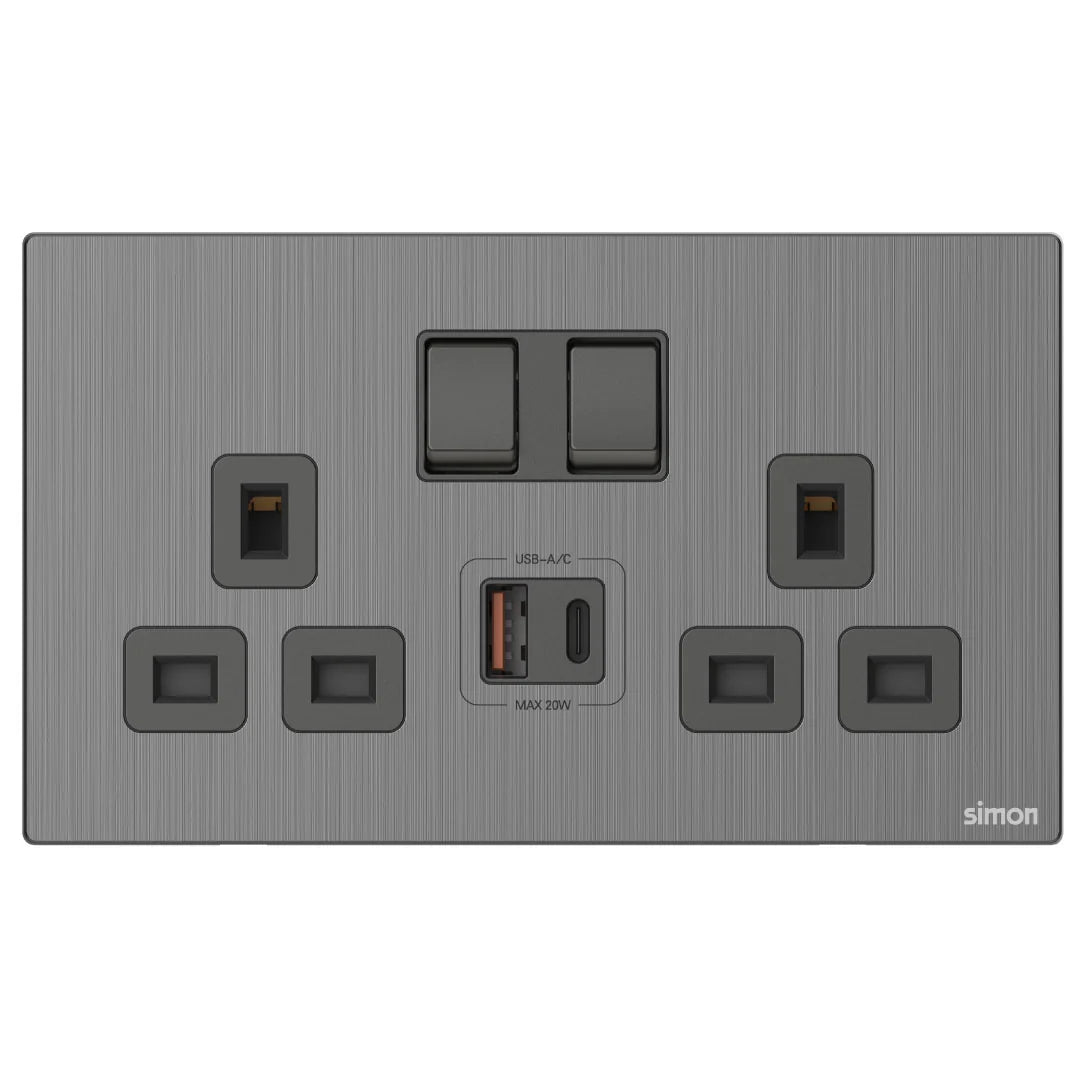Simon 2G BS Switched Socket with USB A+C Chargers M7-Metal Series