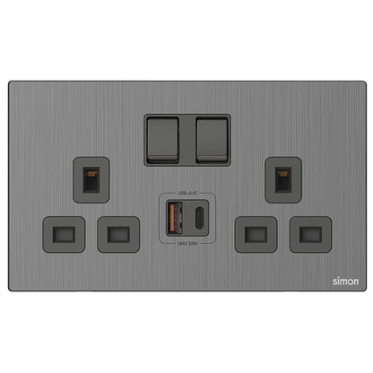 Simon 2G BS Switched Socket with USB A+C Chargers M7-Metal Series
