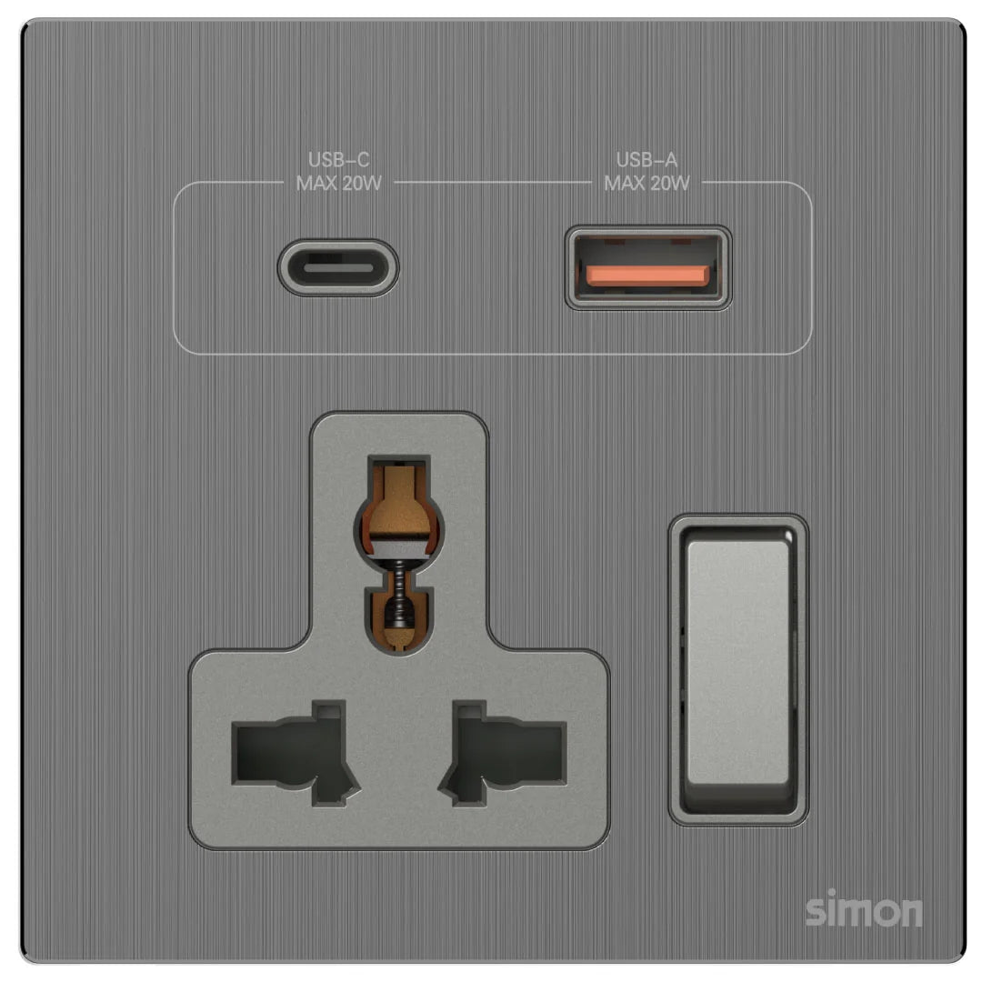 Simon Multi Socket Switched with USB A+C Chargers M7-Metal Series