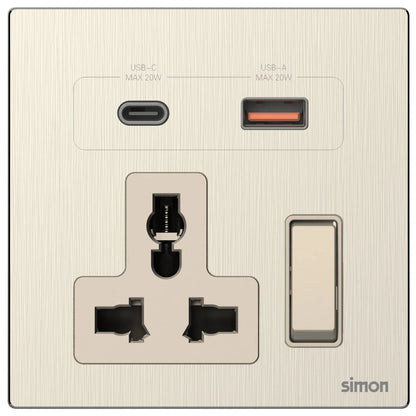 Simon Multi Socket Switched with USB A+C Chargers M7-Metal Series