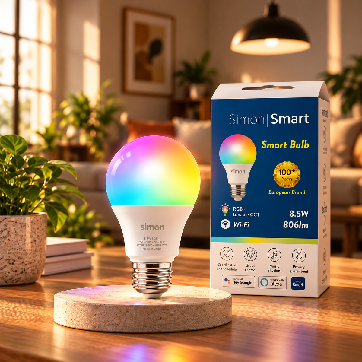 Simon 8.5W WiFi Smart LED Bulb – RGB + Tunable White, E27