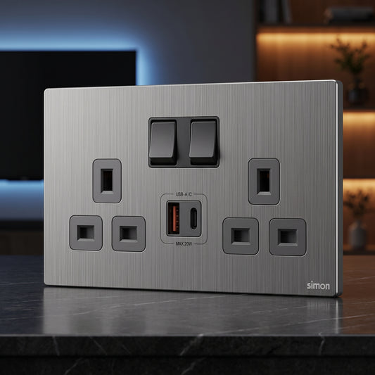 Simon 2G BS Switched Socket with USB A+C Chargers M7-Metal Series