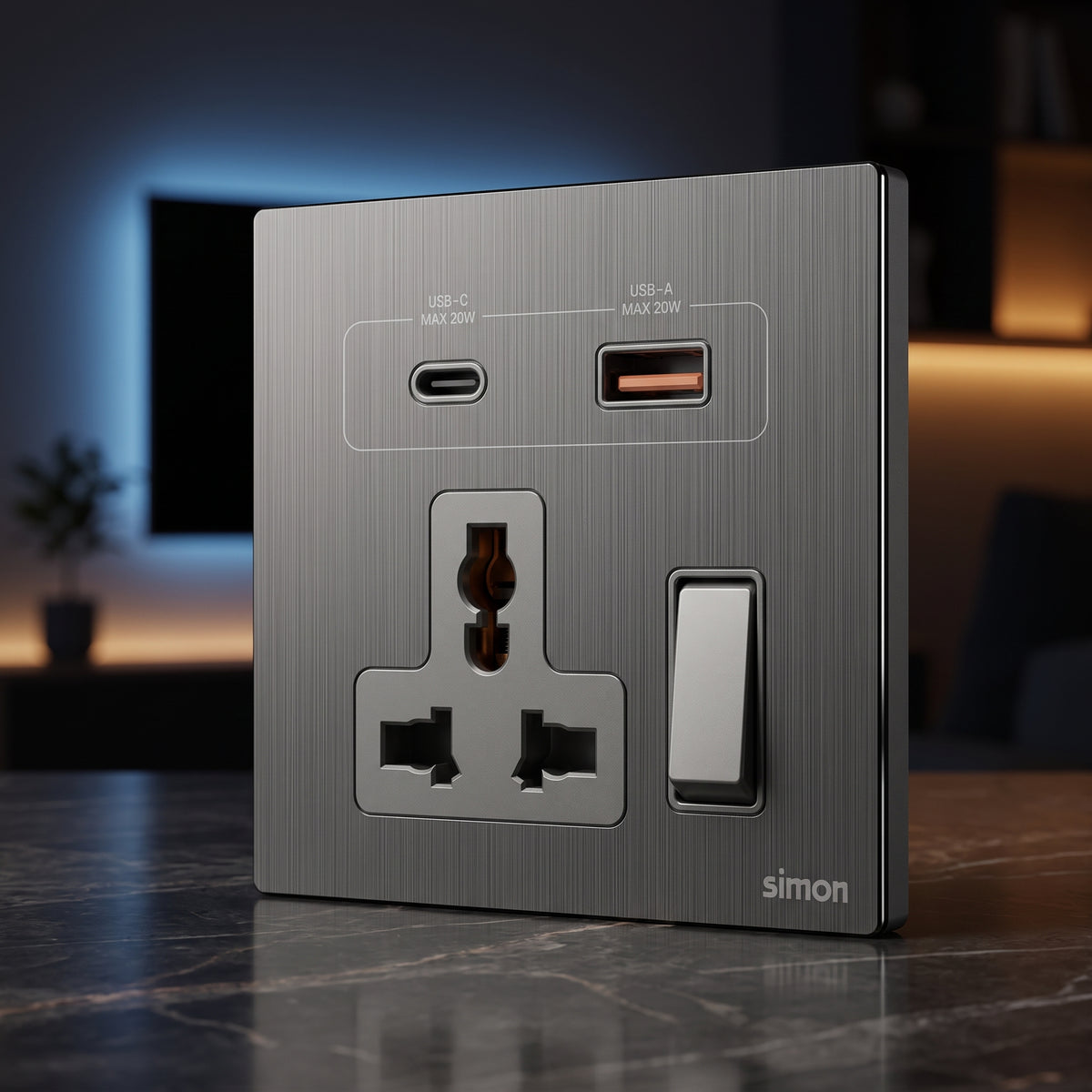 Simon Multi Socket Switched with USB A+C Chargers M7-Metal Series