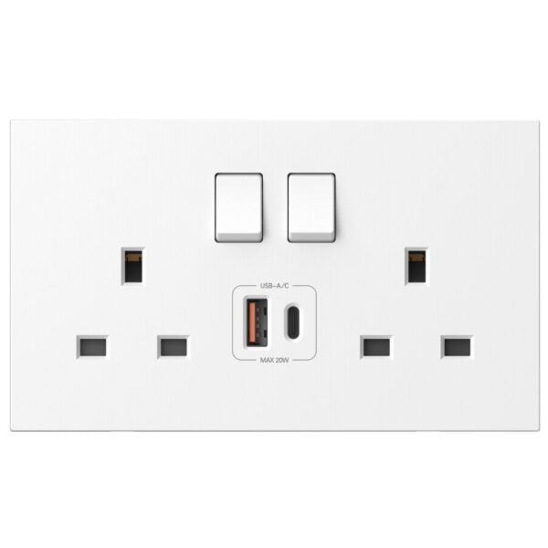Simon 2-Gang BS Switched Socket with USB A+C Chargers M7 Air Series-White
