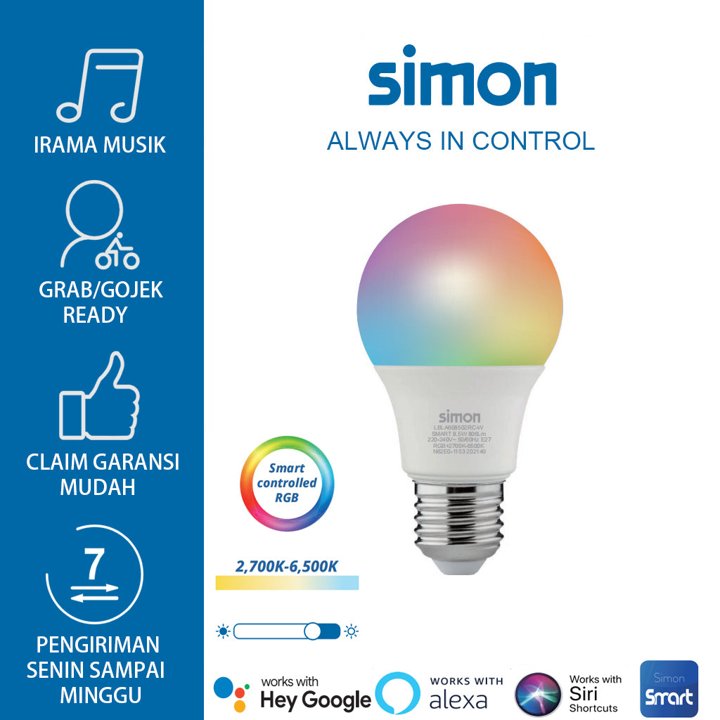 Simon 8.5W WiFi smart bulb with E27 base